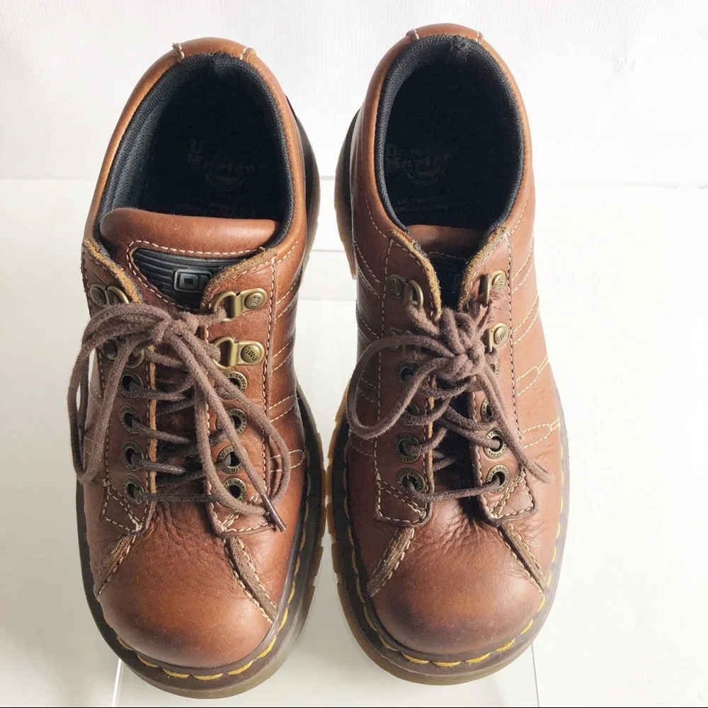 Vintage Cognac Leather Lace-Up Platform Shoes - Women's Size 7.5 - Picture 3 of 8